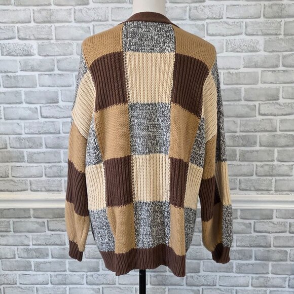 BKE Buckle Oversized Checkered Cardigan Knit Button Up L Cozy Earth Tones Casual - Picture 4 of 10